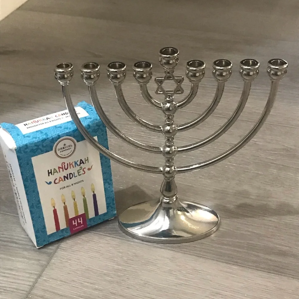 The Dreidel Company Hanukah Menorah, 44 Colored Candles, 4 Mini Dreidels & Gelt